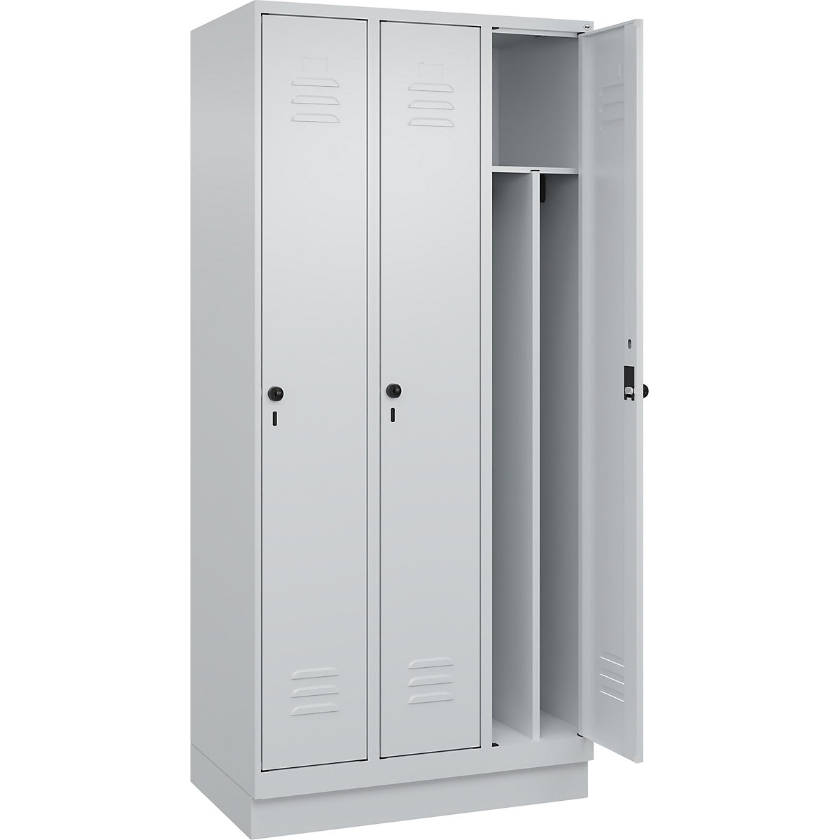 Armadietto sporco/pulito Classic PLUS, stretto – C+P, 3 scomparti, tramezza ridotta, grigio chiaro, largh. 900 mm, con zoccolino, serratura girevole, parete divisoria centrale-0
