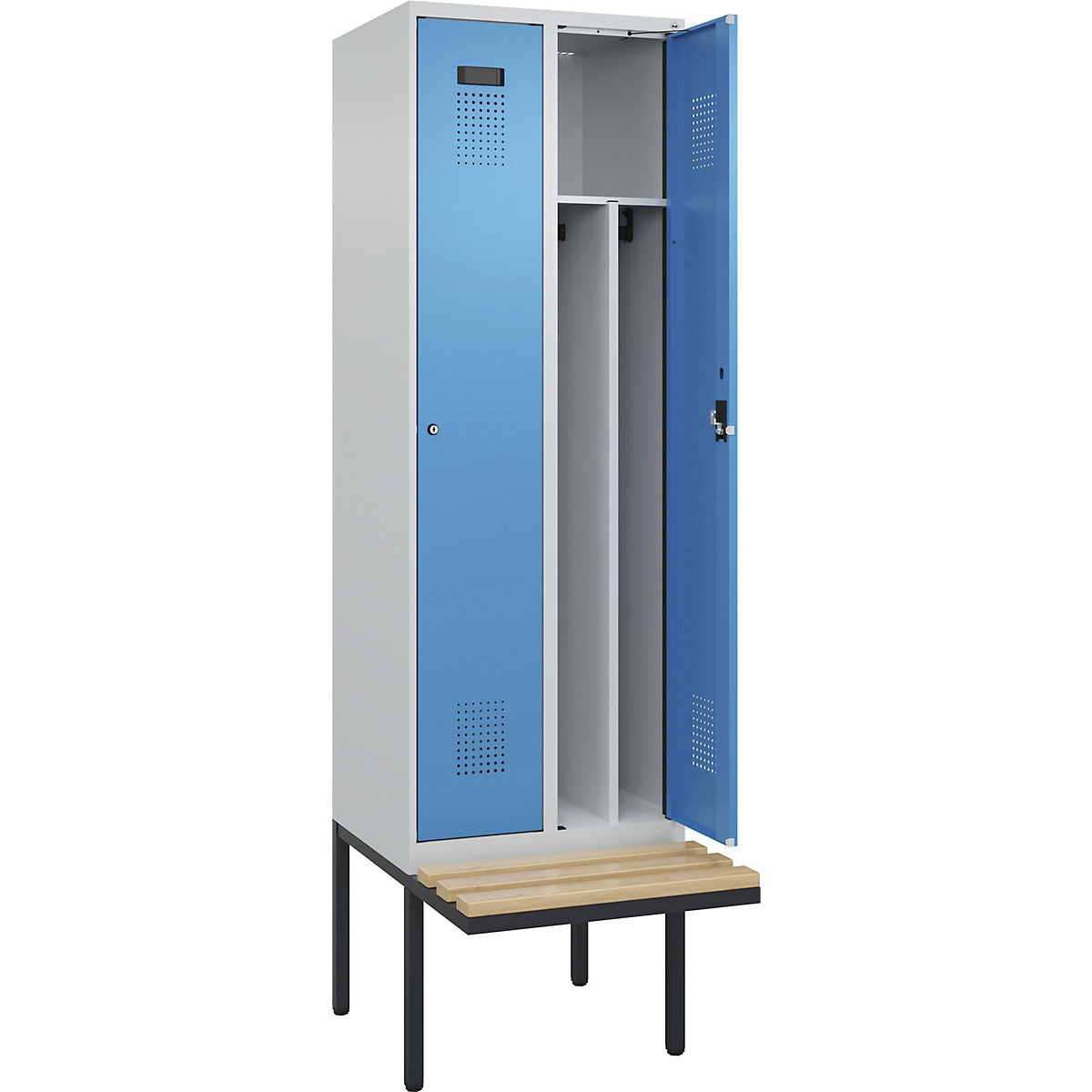 Armadietto sporco/pulito Evolo PLUS con panca, stretto, 2 scomparti, tramezza ridotta, grigio chiaro / blu chiaro, largh. 600 mm, serratura a cilindro, con panca sporgente, faggio-0