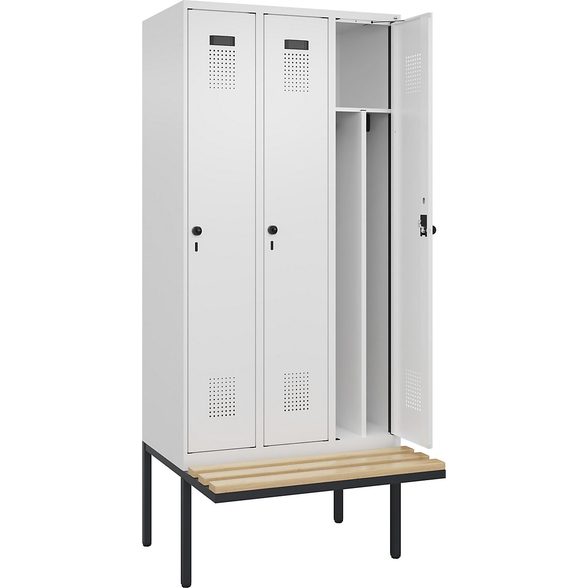 Armadietto sporco/pulito Evolo PLUS con panca, stretto, 3 scomparti, tramezza ridotta, bianco, largh. 900 mm, serratura girevole di sicurezza, con panca sporgente, faggio-0
