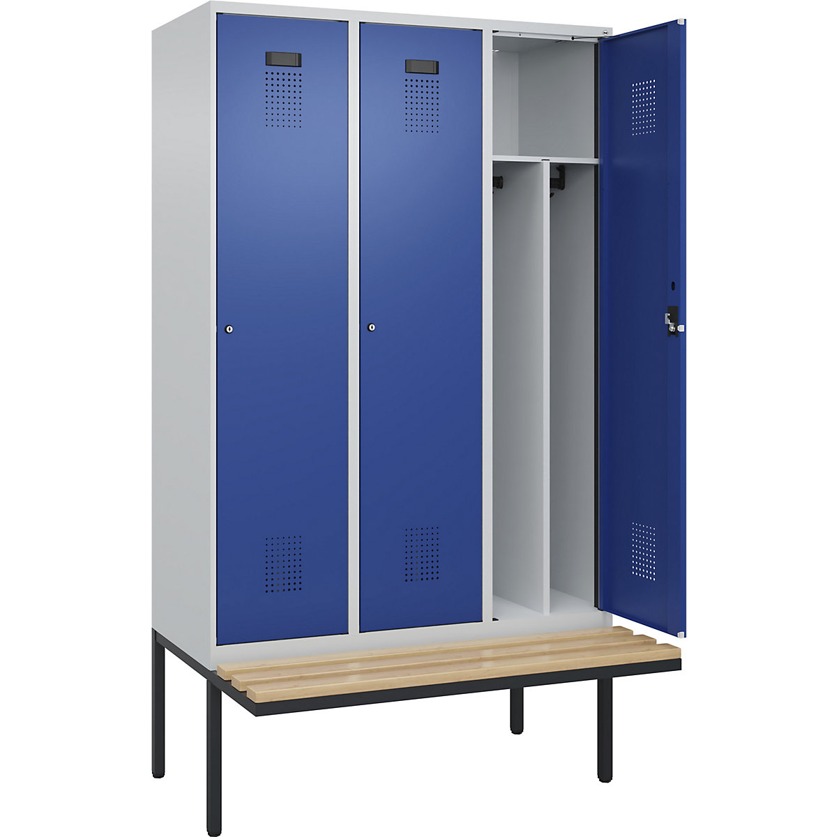 Armadietto sporco/pulito Evolo PLUS con panca, stretto, 3 scomparti, tramezza ridotta, grigio chiaro / blu genziana, largh. 1200 mm, serratura a cilindro, con panca sporgente, faggio-0