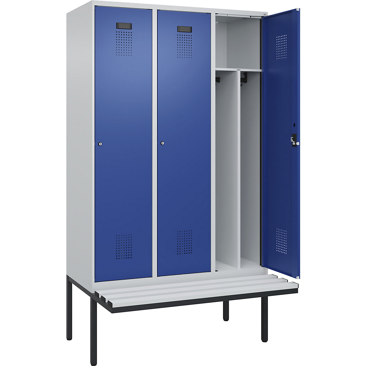 Armadietto sporco/pulito Evolo PLUS con panca, stretto, 3 scomparti, tramezza ridotta, grigio chiaro / blu genziana, largh. 1200 mm, serratura a cilindro, con panca sporgente, plastica-0
