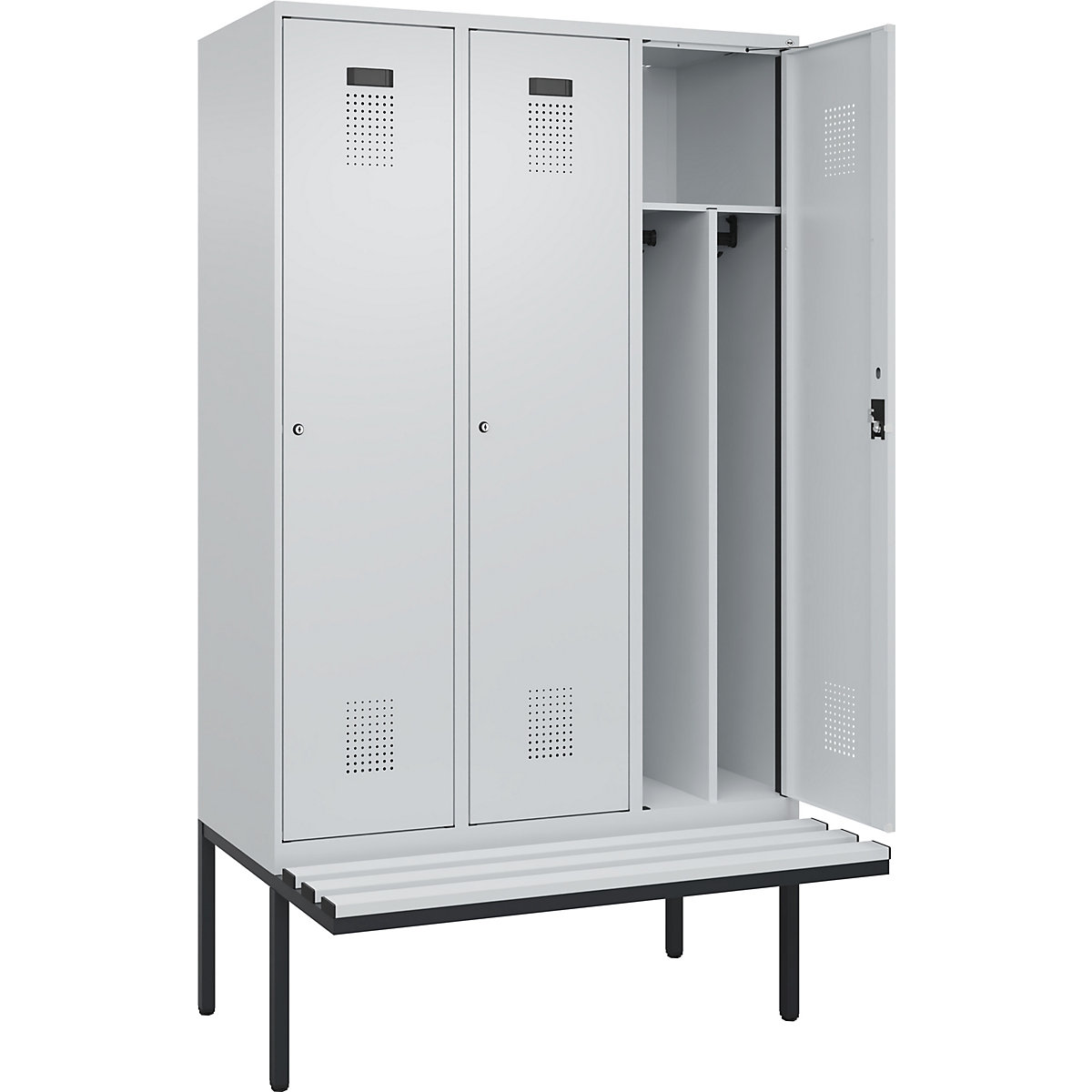 Armadietto sporco/pulito Evolo PLUS con panca, stretto, 3 scomparti, tramezza ridotta, grigio chiaro / grigio chiaro, largh. 1200 mm, serratura a cilindro, con panca sporgente, plastica-0