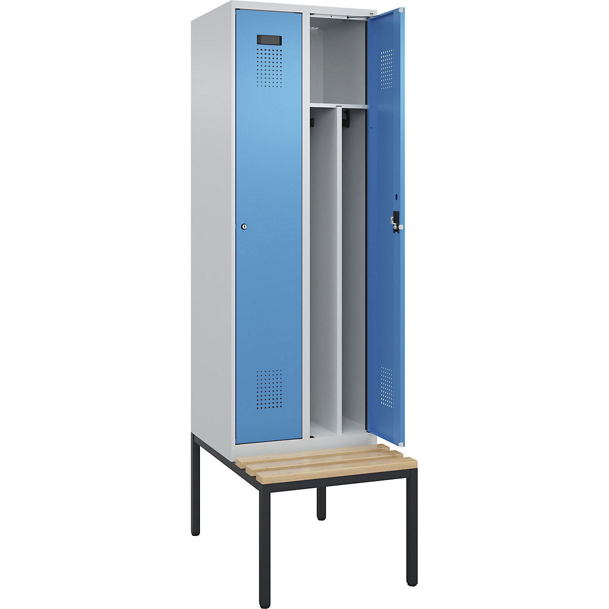 Armadietto sporco/pulito Evolo PLUS con panca, stretto, 2 scomparti, tramezza ridotta, grigio chiaro / blu chiaro, largh. 600 mm, serratura a cilindro, con panca integrata, faggio-0