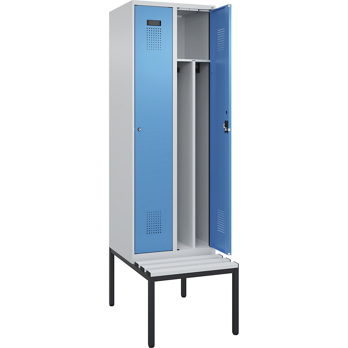 Armadietto sporco/pulito Evolo PLUS con panca, stretto, 2 scomparti, tramezza ridotta, grigio chiaro / blu chiaro, largh. 600 mm, serratura a cilindro, con panca integrata, plastica-0