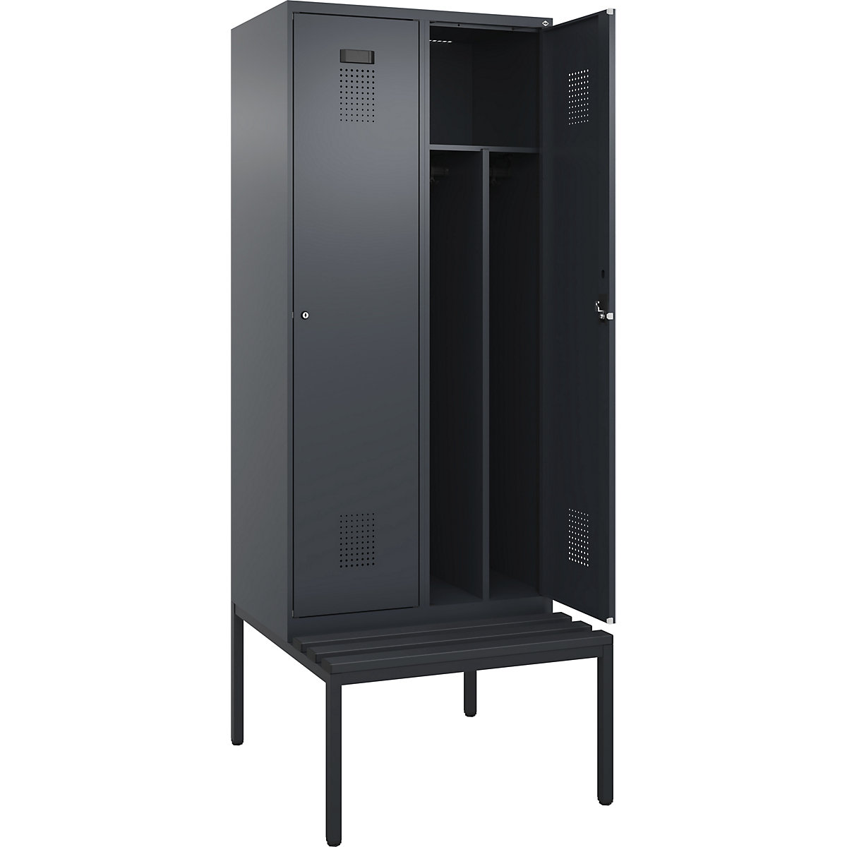 Armadietto sporco/pulito Evolo PLUS con panca, stretto, 2 scomparti, tramezza ridotta, grigio, largh. 800 mm, serratura a cilindro, con panca integrata, plastica-0