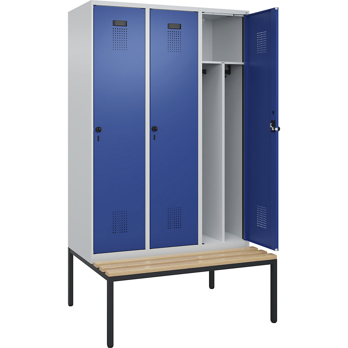 Armadietto sporco/pulito Evolo PLUS con panca, stretto, 3 scomparti, tramezza ridotta, grigio chiaro / blu genziana, largh. 1200 mm, serratura girevole di sicurezza, con panca integrata, faggio-0