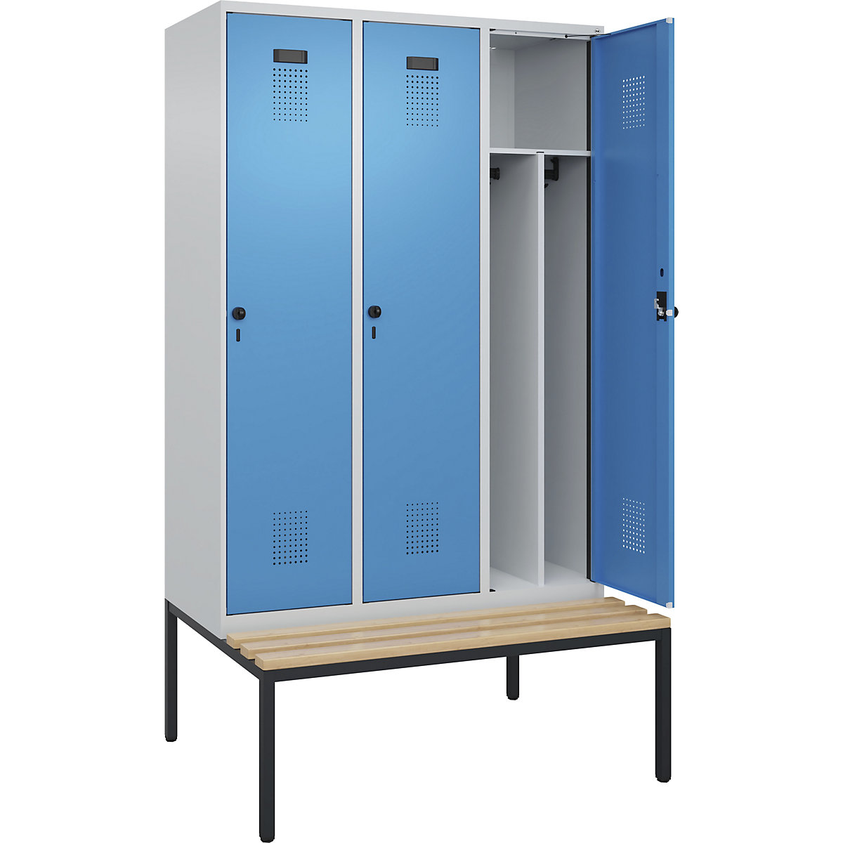 Armadietto sporco/pulito Evolo PLUS con panca, stretto, 3 scomparti, tramezza ridotta, grigio chiaro / blu chiaro, largh. 1200 mm, serratura girevole di sicurezza, con panca integrata, faggio-0