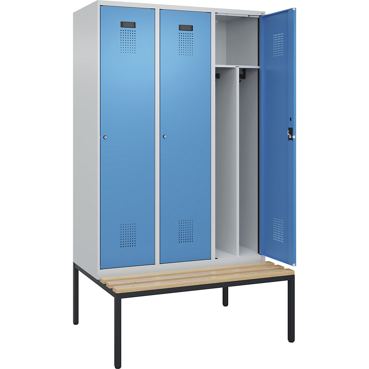 Armadietto sporco/pulito Evolo PLUS con panca, stretto, 3 scomparti, tramezza ridotta, grigio chiaro / blu chiaro, largh. 1200 mm, serratura a cilindro, con panca integrata, faggio-0
