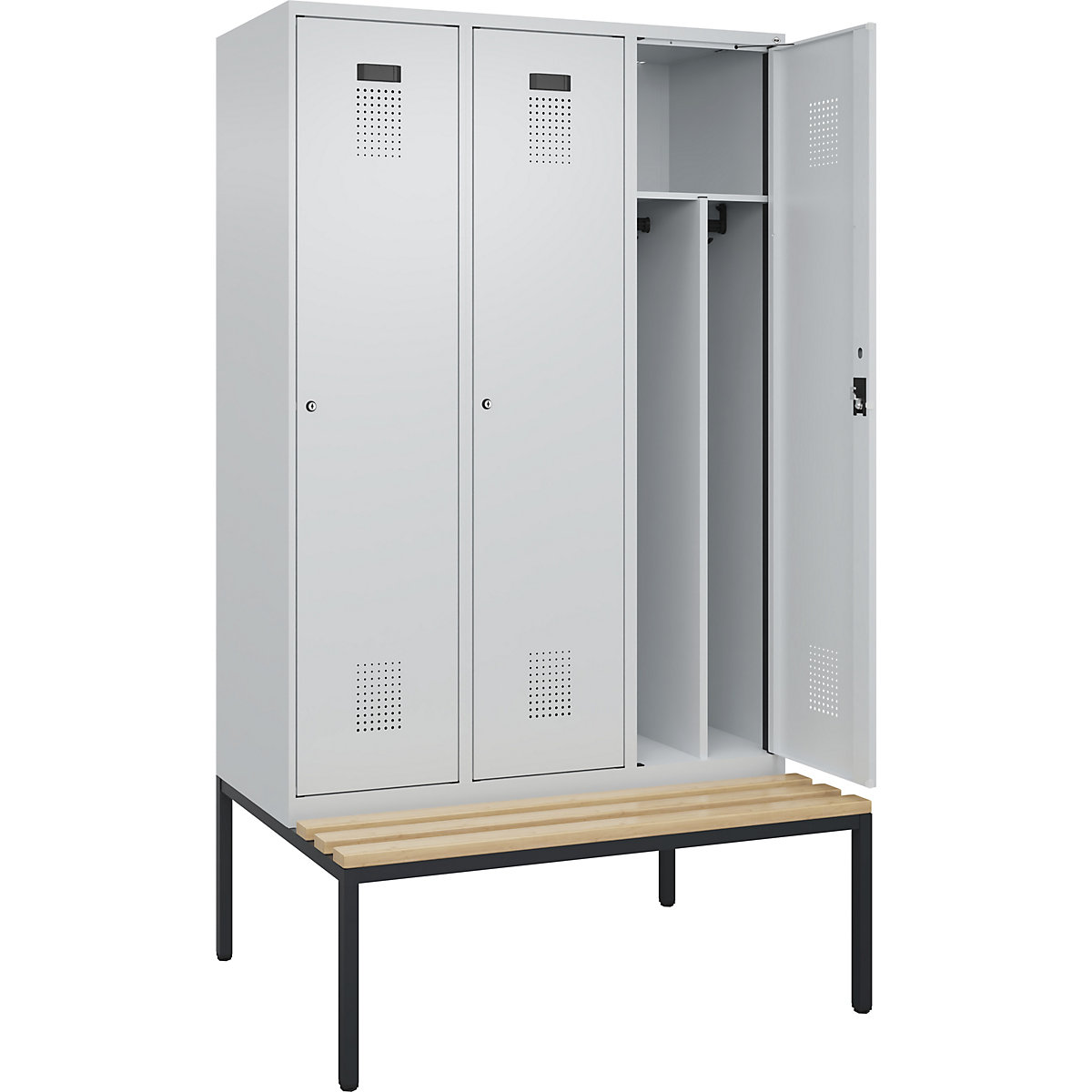 Armadietto sporco/pulito Evolo PLUS con panca, stretto, 3 scomparti, tramezza ridotta, grigio chiaro / grigio chiaro, largh. 1200 mm, serratura a cilindro, con panca integrata, faggio-0