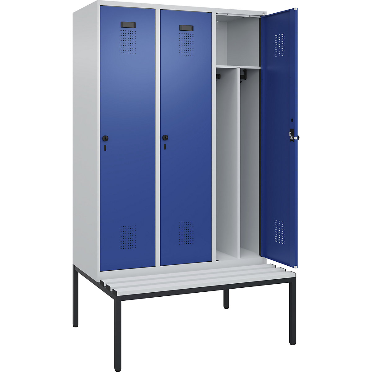 Armadietto sporco/pulito Evolo PLUS con panca, stretto, 3 scomparti, tramezza ridotta, grigio chiaro / blu genziana, largh. 1200 mm, serratura girevole di sicurezza, con panca integrata, plastica-0