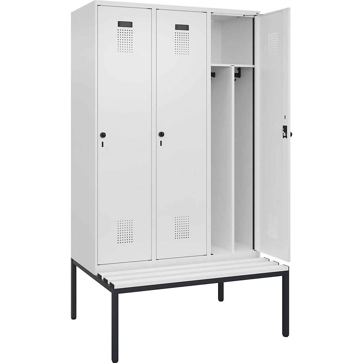 Armadietto sporco/pulito Evolo PLUS con panca, stretto, 3 scomparti, tramezza ridotta, bianco, largh. 1200 mm, serratura girevole di sicurezza, con panca integrata, plastica-0
