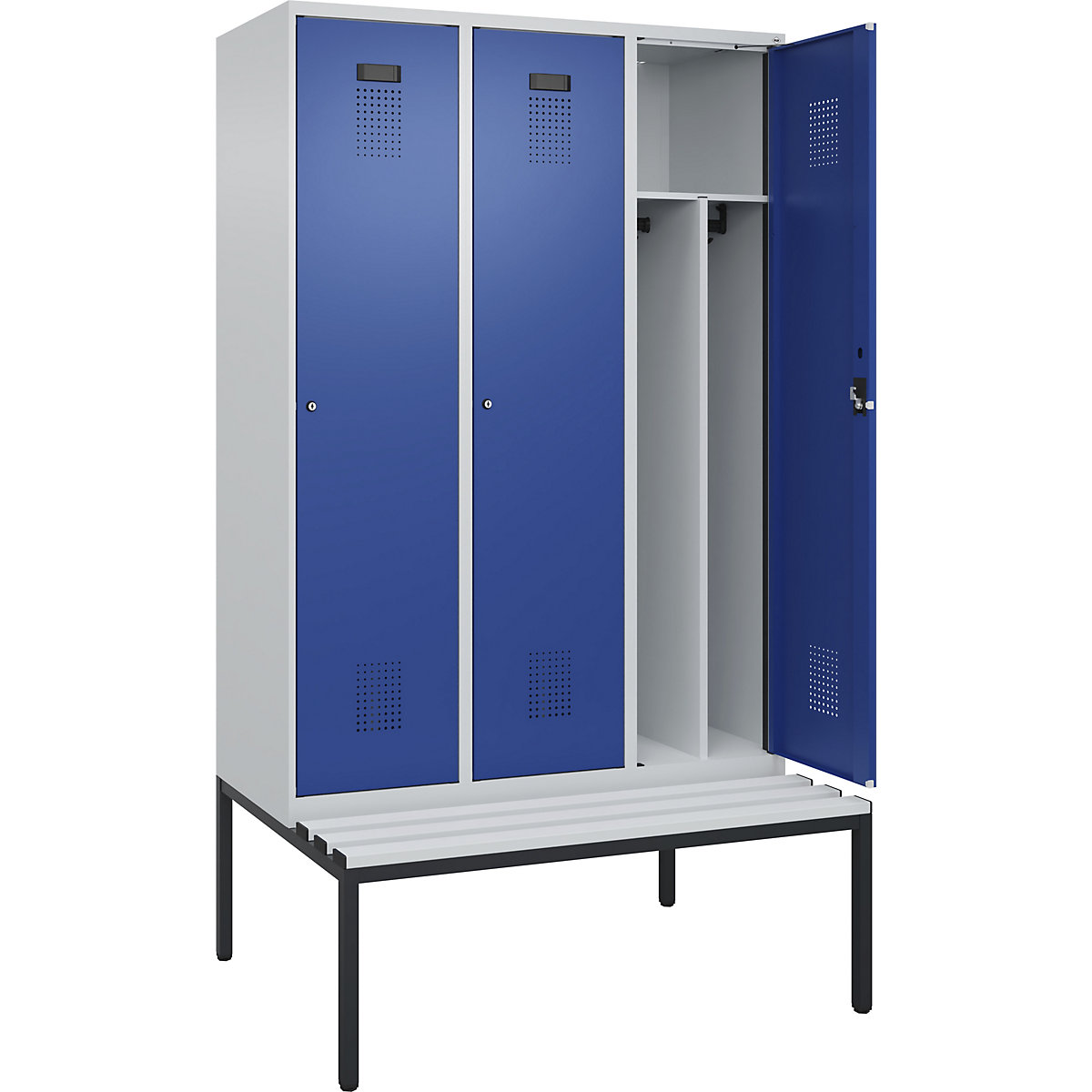Armadietto sporco/pulito Evolo PLUS con panca, stretto, 3 scomparti, tramezza ridotta, grigio chiaro / blu genziana, largh. 1200 mm, serratura a cilindro, con panca integrata, plastica-0