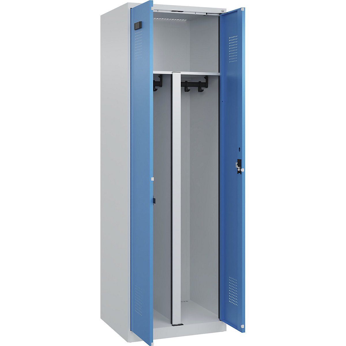 Armadietto sporco/pulito Evolo PLUS, 1 scomparto, tramezza ridotta, grigio chiaro / blu chiaro, largh. 600 mm, con piedini a pavimento, serratura a cilindro-0