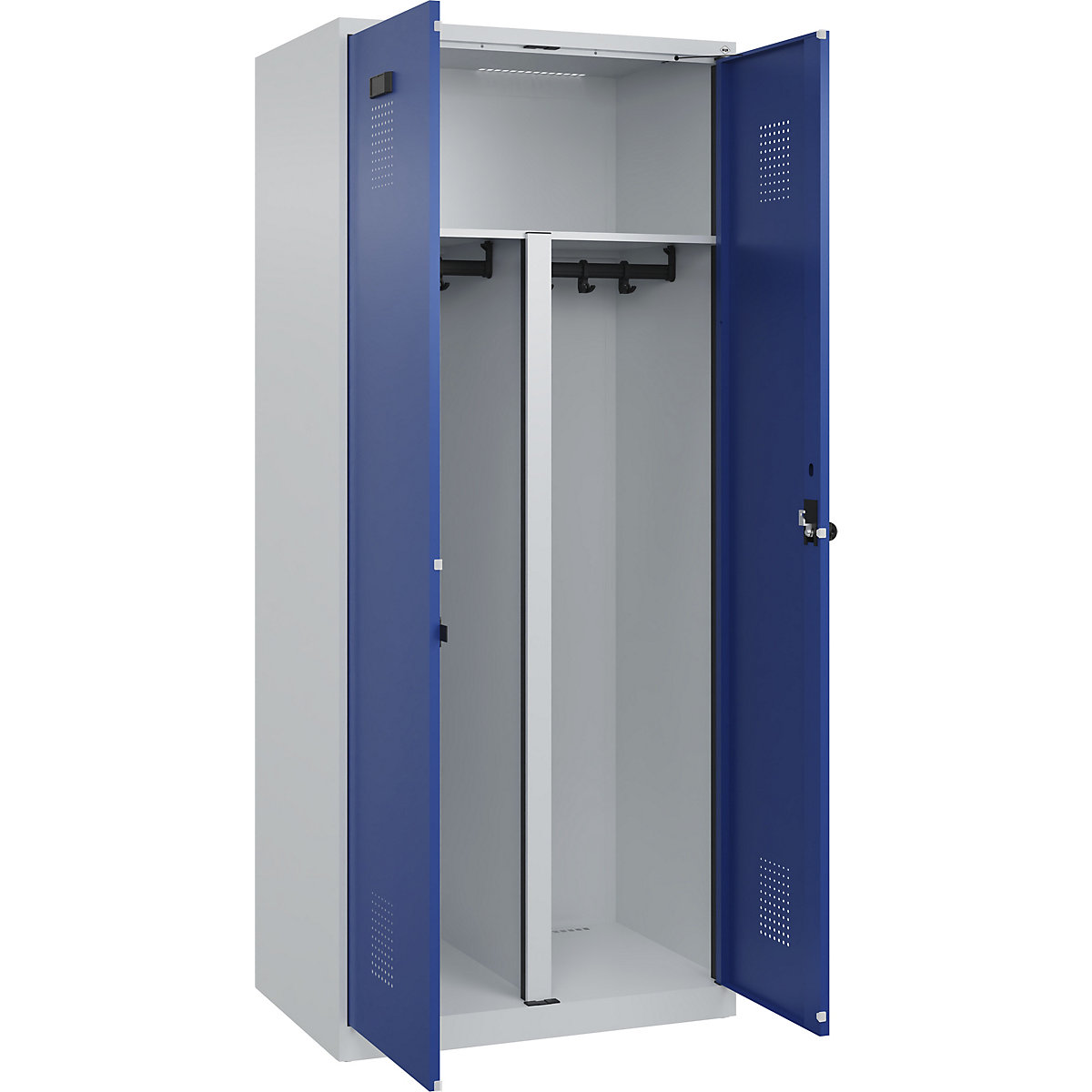Armadietto sporco/pulito Evolo PLUS, 1 scomparto, tramezza ridotta, grigio chiaro / blu genziana, largh. 800 mm, con piedini a pavimento, serratura girevole di sicurezza-0