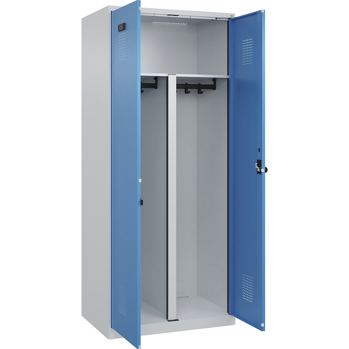 Armadietto sporco/pulito Evolo PLUS, 1 scomparto, tramezza ridotta, grigio chiaro / blu chiaro, largh. 800 mm, con piedini a pavimento, serratura girevole di sicurezza-0
