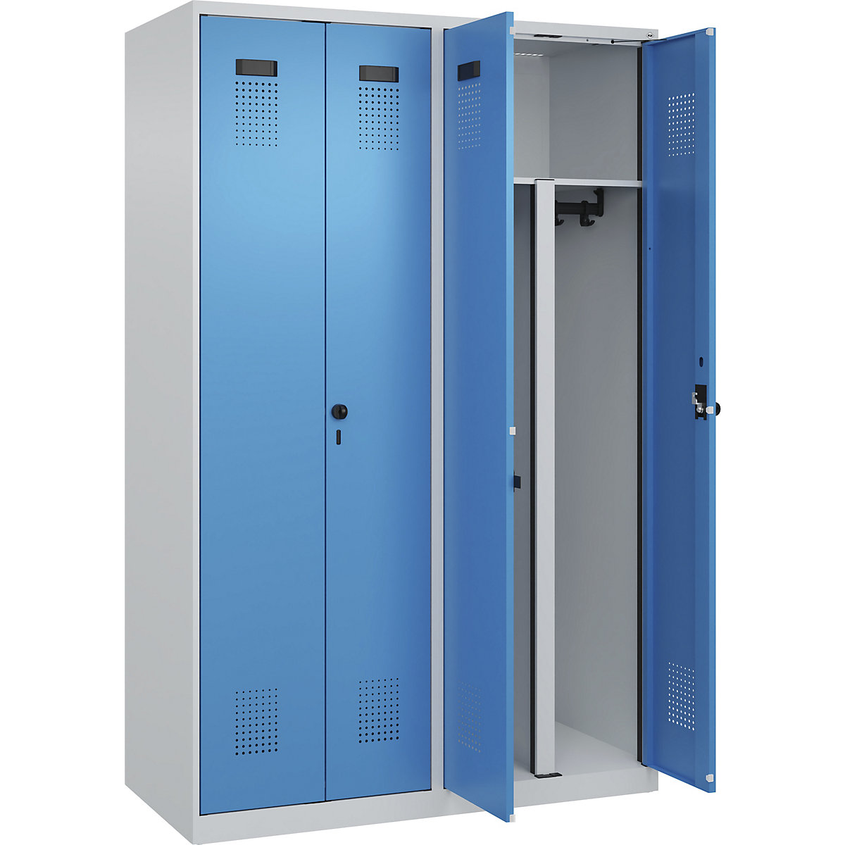 Armadietto sporco/pulito Evolo PLUS, 2 scomparti, tramezza ridotta, grigio chiaro / blu chiaro, largh. 1200 mm, con piedini a pavimento, serratura girevole di sicurezza-0