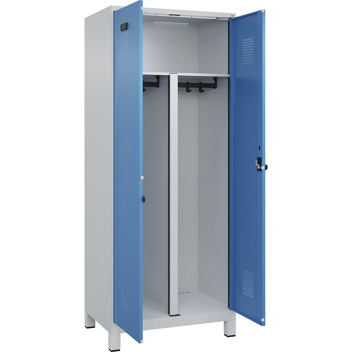 Armadietto sporco/pulito Evolo PLUS, 1 scomparto, tramezza ridotta, grigio chiaro / blu chiaro, largh. 800 mm, con piedini larghi, serratura girevole di sicurezza-0