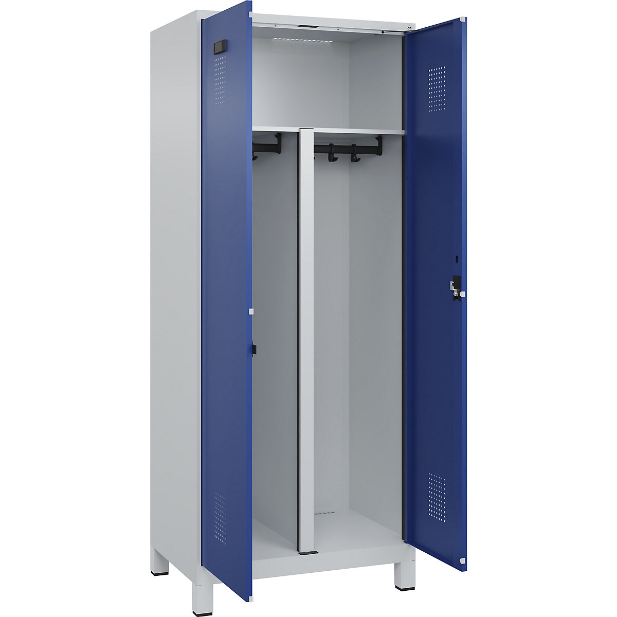 Armadietto sporco/pulito Evolo PLUS, 1 scomparto, tramezza ridotta, grigio chiaro / blu genziana, largh. 800 mm, con piedini larghi, serratura a cilindro-0