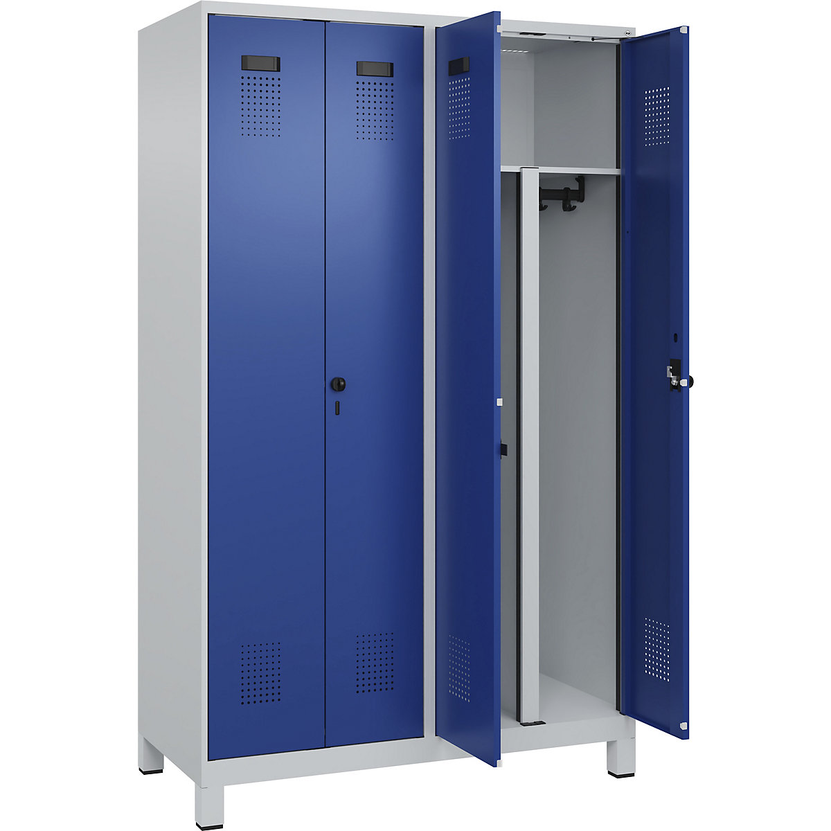 Armadietto sporco/pulito Evolo PLUS, 2 scomparti, tramezza ridotta, grigio chiaro / blu genziana, largh. 1200 mm, con piedini larghi, serratura girevole di sicurezza-0