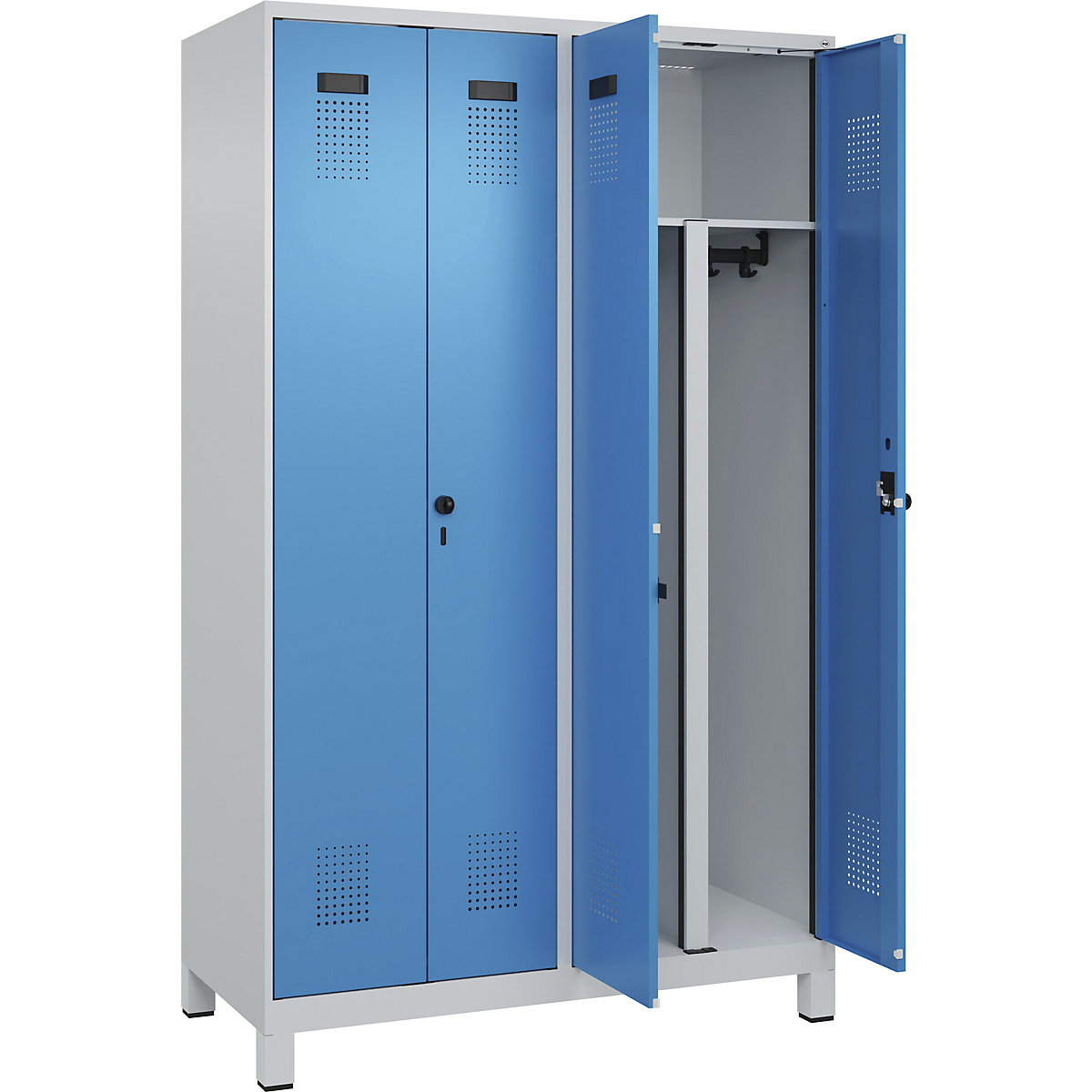 Armadietto sporco/pulito Evolo PLUS, 2 scomparti, tramezza ridotta, grigio chiaro / blu chiaro, largh. 1200 mm, con piedini larghi, serratura girevole di sicurezza-0