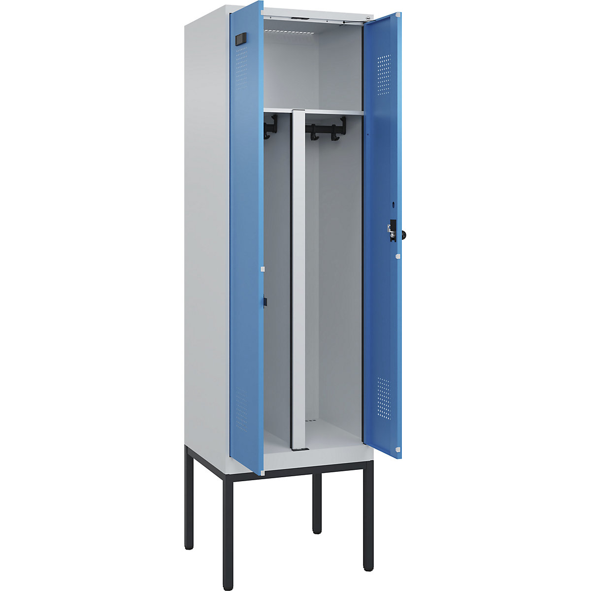 Armadietto sporco/pulito Evolo PLUS, 1 scomparto, tramezza ridotta, grigio chiaro / blu chiaro, largh. 600 mm, con piedini stretti, serratura girevole di sicurezza-0