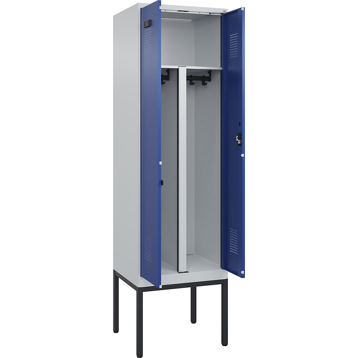 Armadietto sporco/pulito Evolo PLUS, 1 scomparto, tramezza ridotta, grigio chiaro / blu genziana, largh. 600 mm, con piedini stretti, serratura a cilindro-0