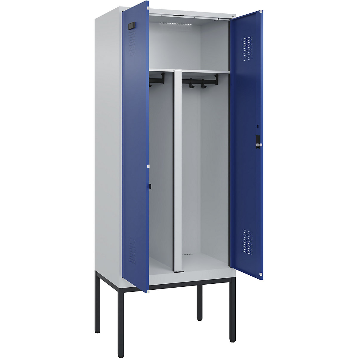 Armadietto sporco/pulito Evolo PLUS, 1 scomparto, tramezza ridotta, grigio chiaro / blu genziana, largh. 800 mm, con piedini stretti, serratura a cilindro-0