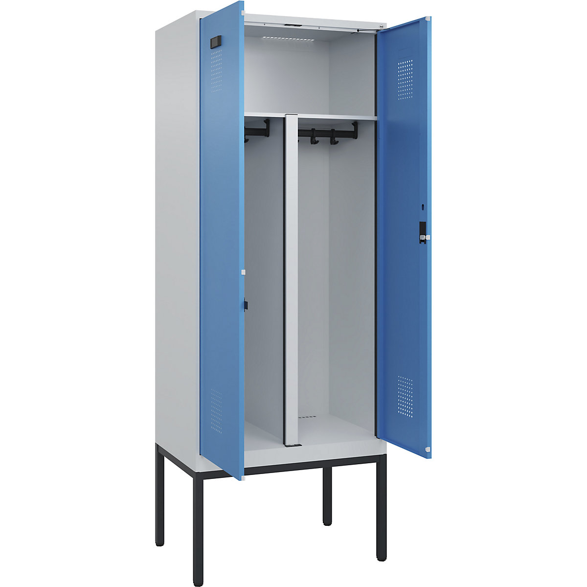Armadietto sporco/pulito Evolo PLUS, 1 scomparto, tramezza ridotta, grigio chiaro / blu chiaro, largh. 800 mm, con piedini stretti, serratura a cilindro-0