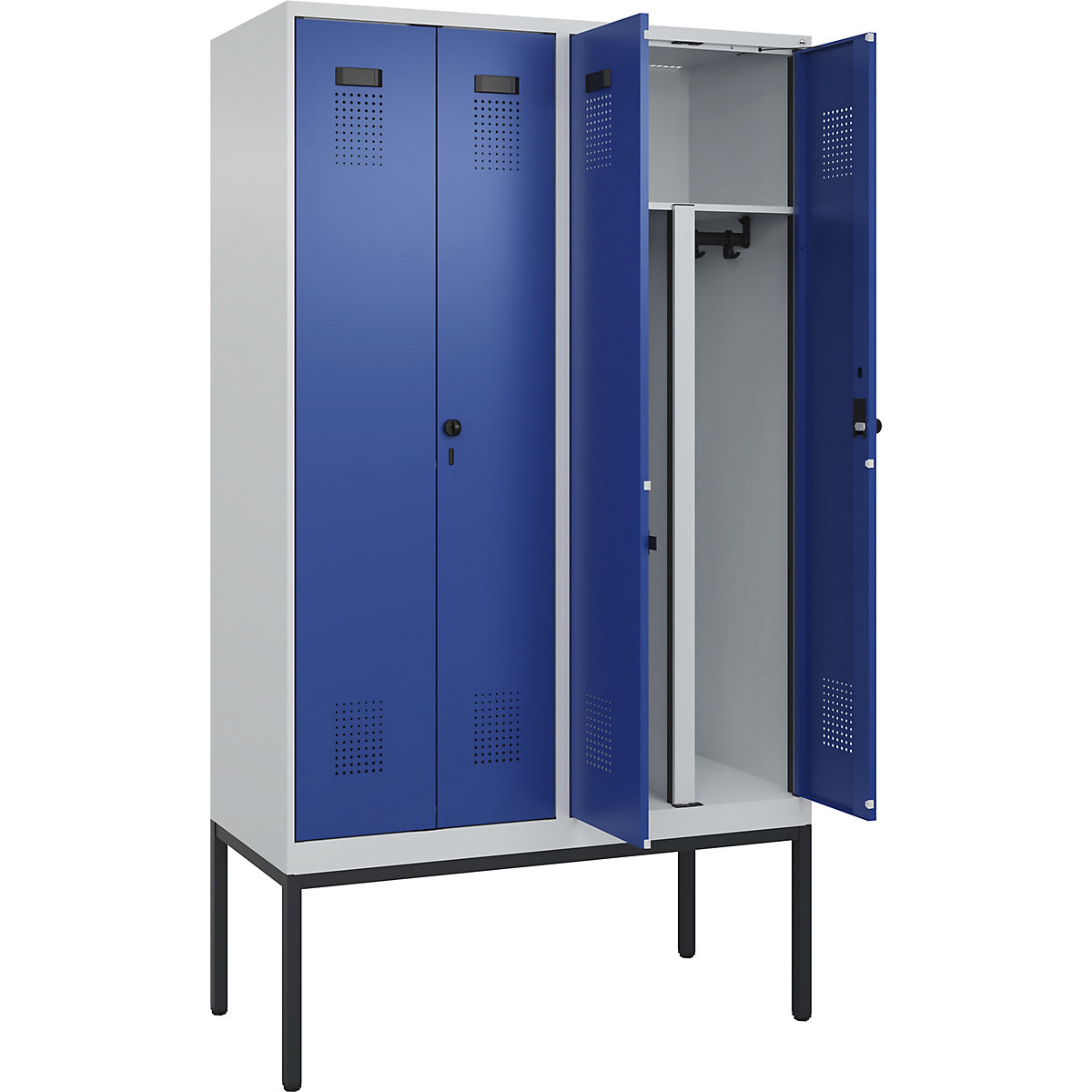 Armadietto sporco/pulito Evolo PLUS, 2 scomparti, tramezza ridotta, grigio chiaro / blu genziana, largh. 1200 mm, con piedini stretti, serratura girevole di sicurezza-0
