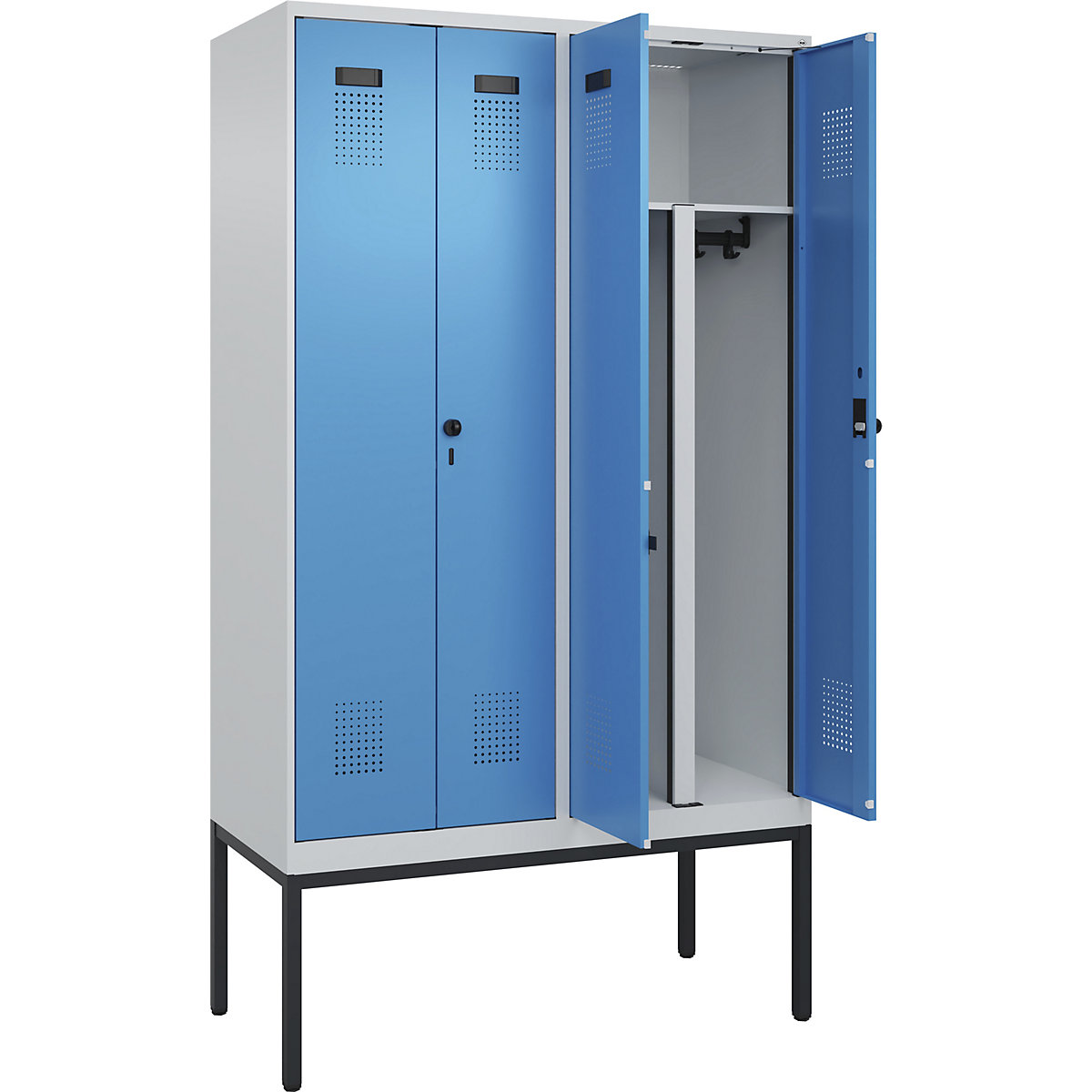 Armadietto sporco/pulito Evolo PLUS, 2 scomparti, tramezza ridotta, grigio chiaro / blu chiaro, largh. 1200 mm, con piedini stretti, serratura girevole di sicurezza-0