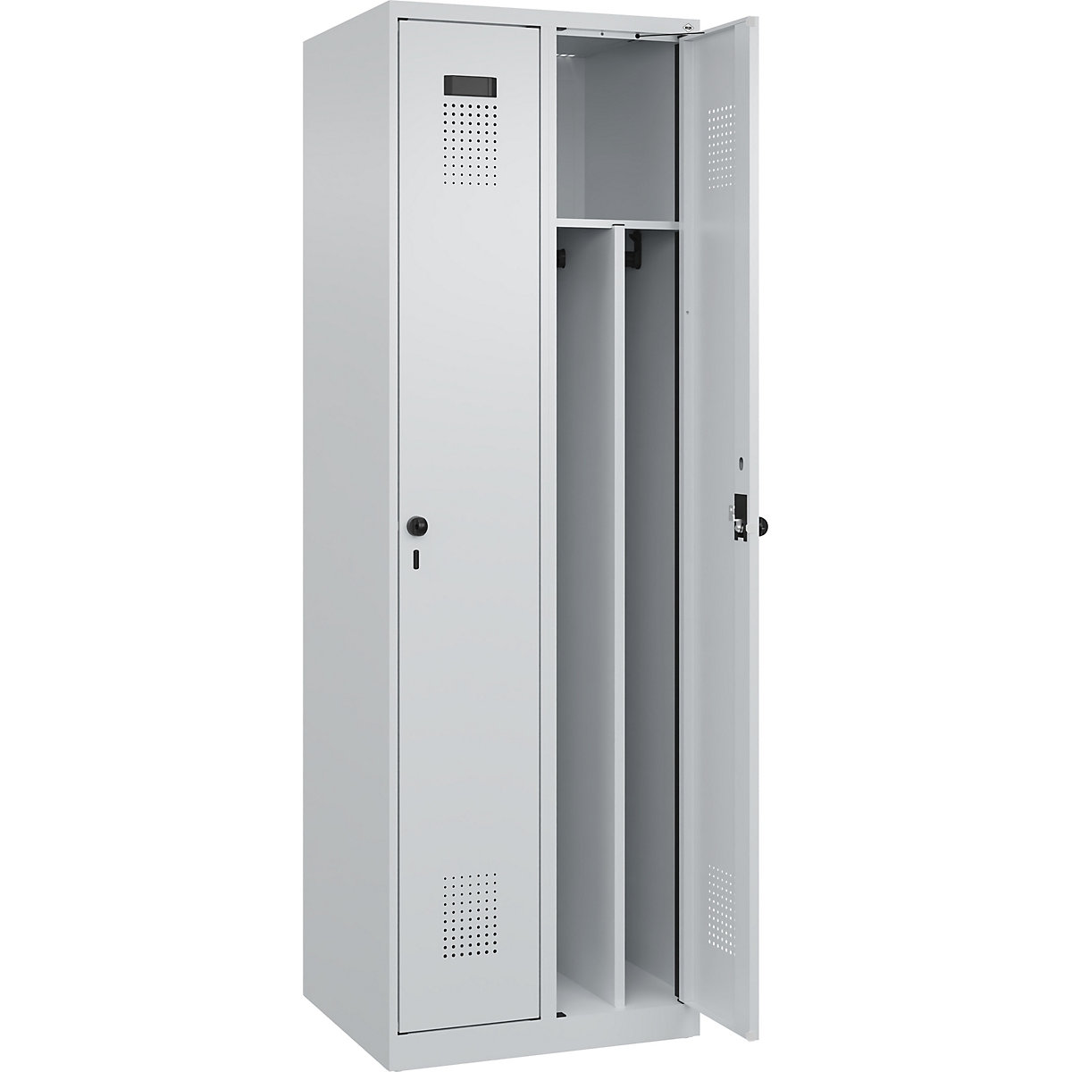 Armadietto sporco/pulito Evolo PLUS, stretto, 2 scomparti, tramezza ridotta, grigio chiaro, largh. 600 mm, con piedini a pavimento, serratura girevole di sicurezza-0