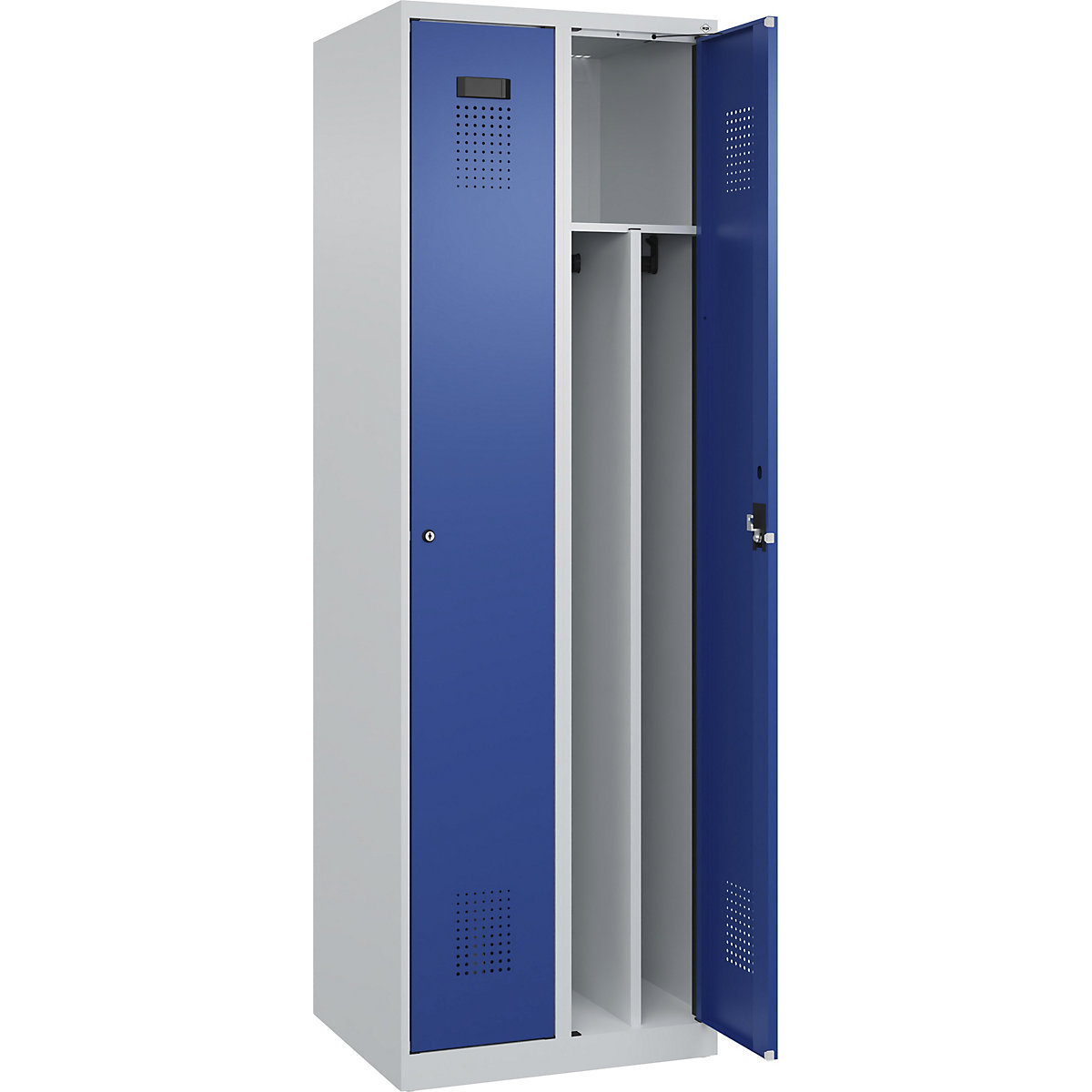 Armadietto sporco/pulito Evolo PLUS, stretto, 2 scomparti, tramezza ridotta, grigio chiaro / blu genziana, largh. 600 mm, con piedini a pavimento, serratura a cilindro-0