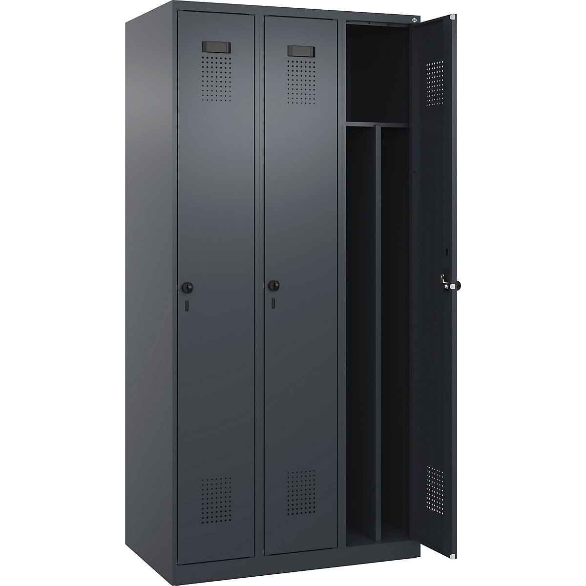 Armadietto sporco/pulito Evolo PLUS, stretto, 3 scomparti, tramezza ridotta, grigio, largh. 900 mm, con piedini a pavimento, serratura girevole di sicurezza-0