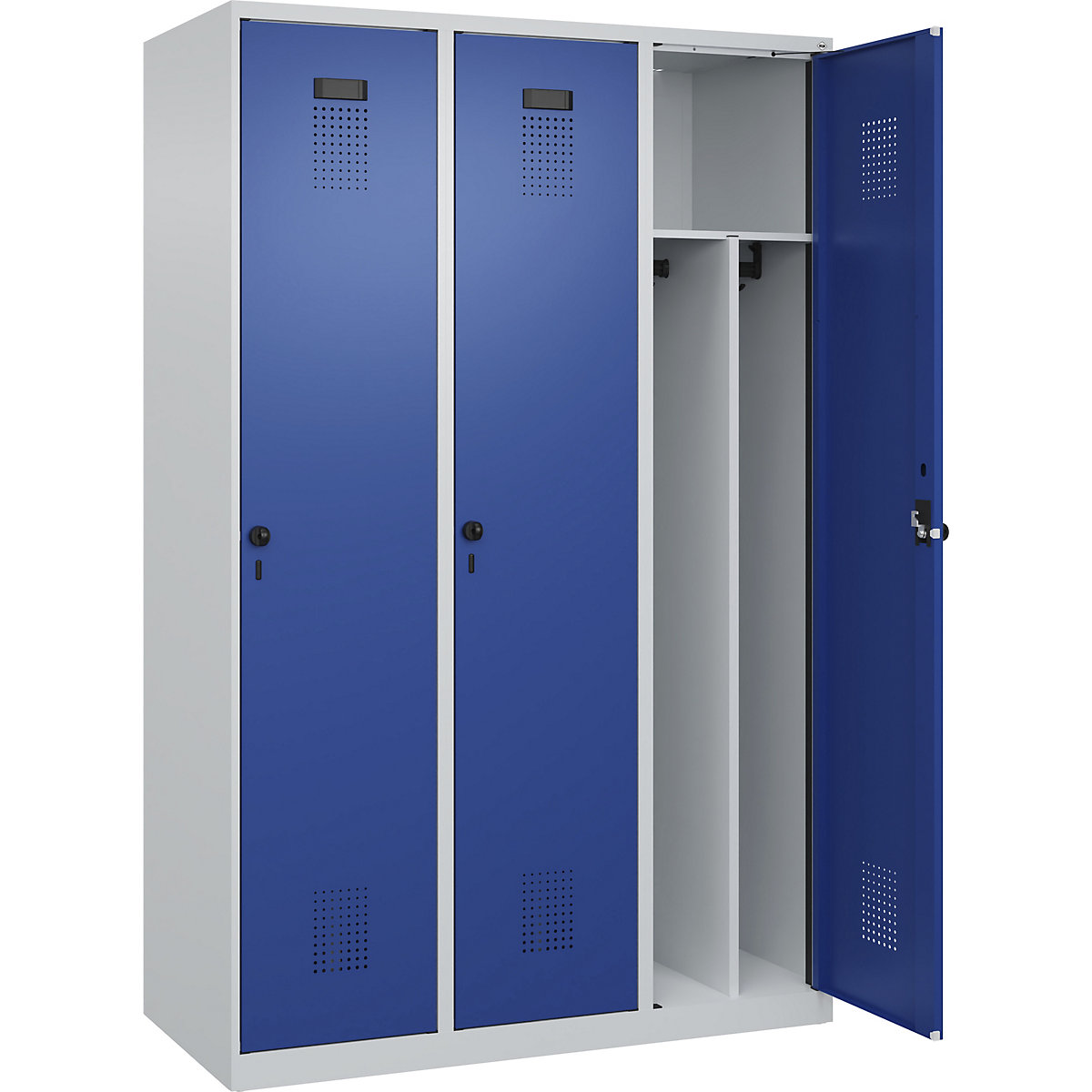 Armadietto sporco/pulito Evolo PLUS, stretto, 3 scomparti, tramezza ridotta, grigio chiaro / blu genziana, largh. 1200 mm, con piedini a pavimento, serratura girevole di sicurezza-0