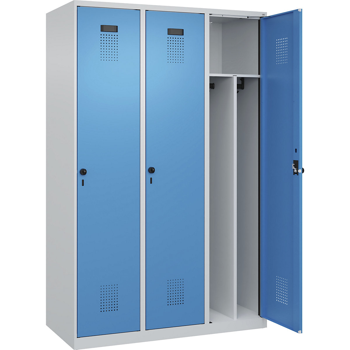Armadietto sporco/pulito Evolo PLUS, stretto, 3 scomparti, tramezza ridotta, grigio chiaro / blu chiaro, largh. 1200 mm, con piedini a pavimento, serratura girevole di sicurezza-0