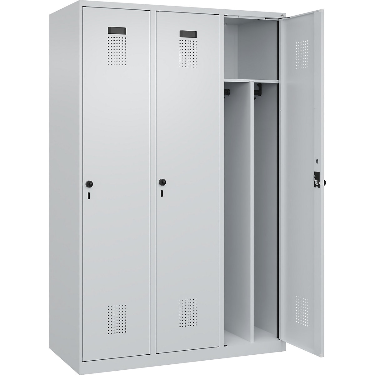 Armadietto sporco/pulito Evolo PLUS, stretto, 3 scomparti, tramezza ridotta, grigio chiaro, largh. 1200 mm, con piedini a pavimento, serratura girevole di sicurezza-0