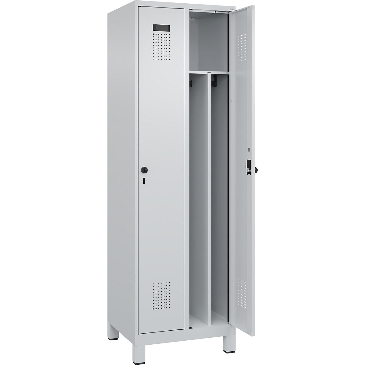 Armadietto sporco/pulito Evolo PLUS, stretto, 2 scomparti, tramezza ridotta, grigio chiaro, largh. 600 mm, con piedini larghi, serratura girevole di sicurezza-0
