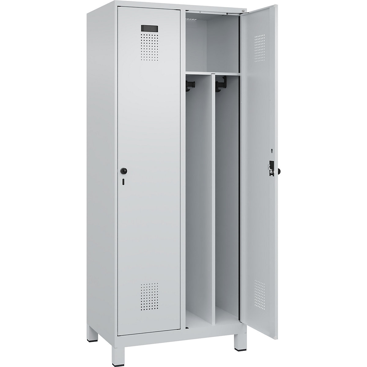 Armadietto sporco/pulito Evolo PLUS, stretto, 2 scomparti, tramezza ridotta, grigio chiaro, largh. 800 mm, con piedini larghi, serratura girevole di sicurezza-0