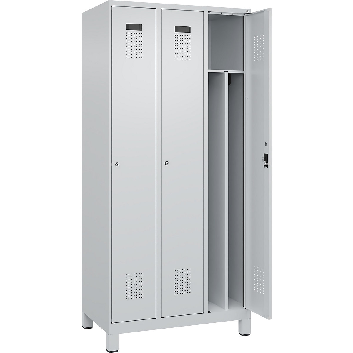 Armadietto sporco/pulito Evolo PLUS, stretto, 3 scomparti, tramezza ridotta, grigio chiaro, largh. 900 mm, con piedini larghi, serratura a cilindro-0
