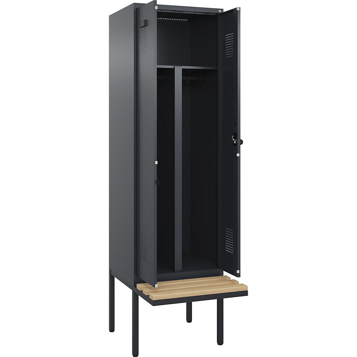 Armadietto sporco/pulito con panca Evolo PLUS, 2 scomparti, tramezza ridotta, grigio, largh. 600 mm, serratura girevole di sicurezza, con panca sporgente, faggio-0
