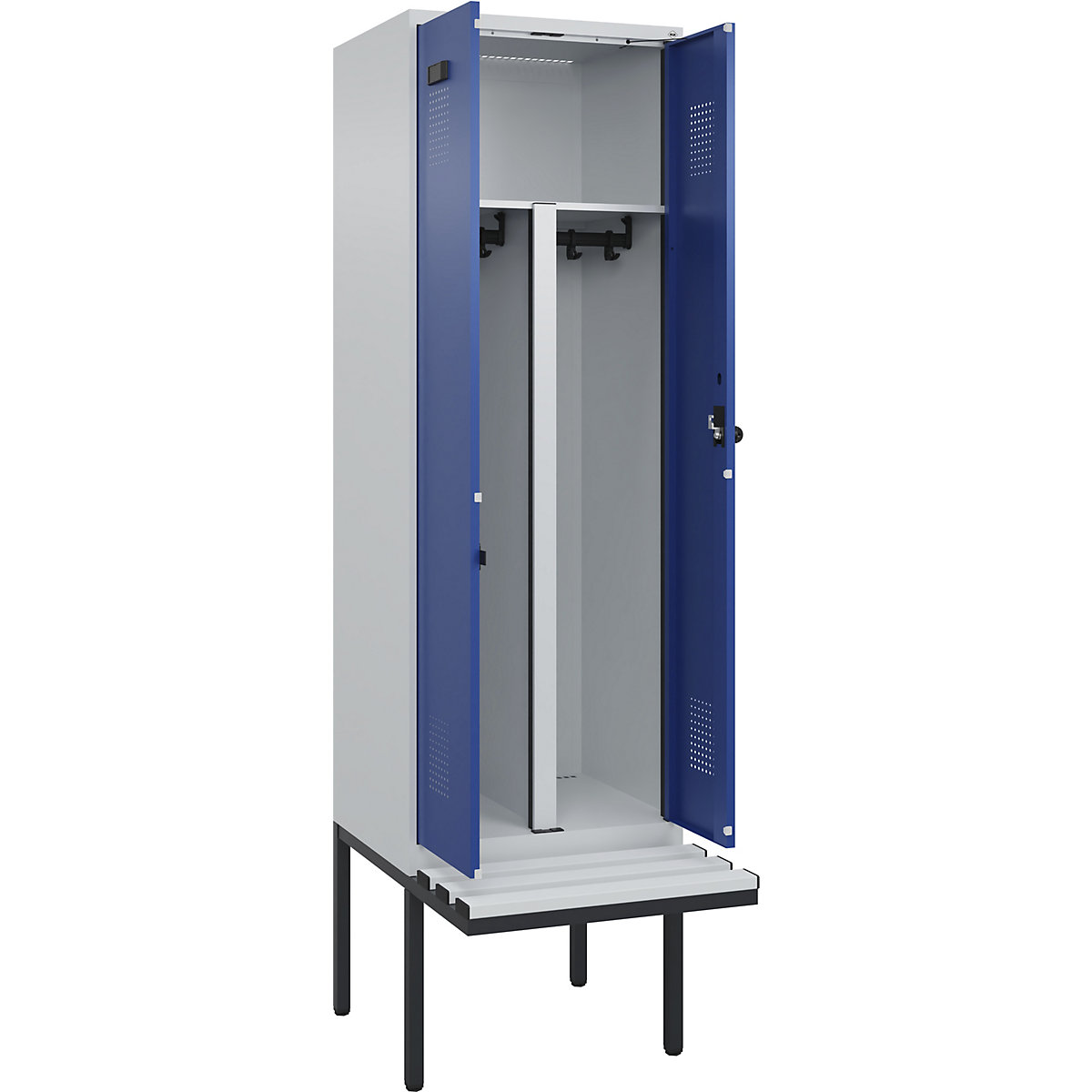 Armadietto sporco/pulito con panca Evolo PLUS, 2 scomparti, tramezza ridotta, grigio chiaro / blu genziana, largh. 600 mm, serratura girevole di sicurezza, con panca sporgente, plastica-0