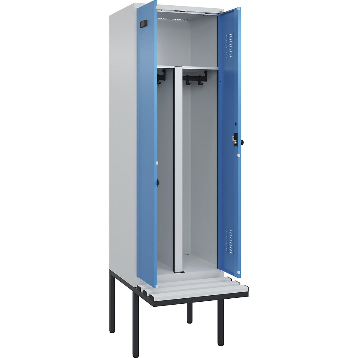 Armadietto sporco/pulito con panca Evolo PLUS, 2 scomparti, tramezza ridotta, grigio chiaro / blu chiaro, largh. 600 mm, serratura girevole di sicurezza, con panca sporgente, plastica-0