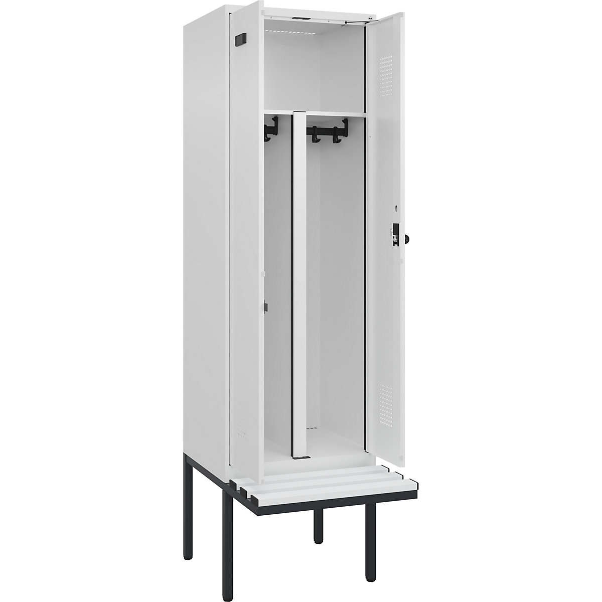 Armadietto sporco/pulito con panca Evolo PLUS, 2 scomparti, tramezza ridotta, bianco, largh. 600 mm, serratura girevole di sicurezza, con panca sporgente, plastica-0