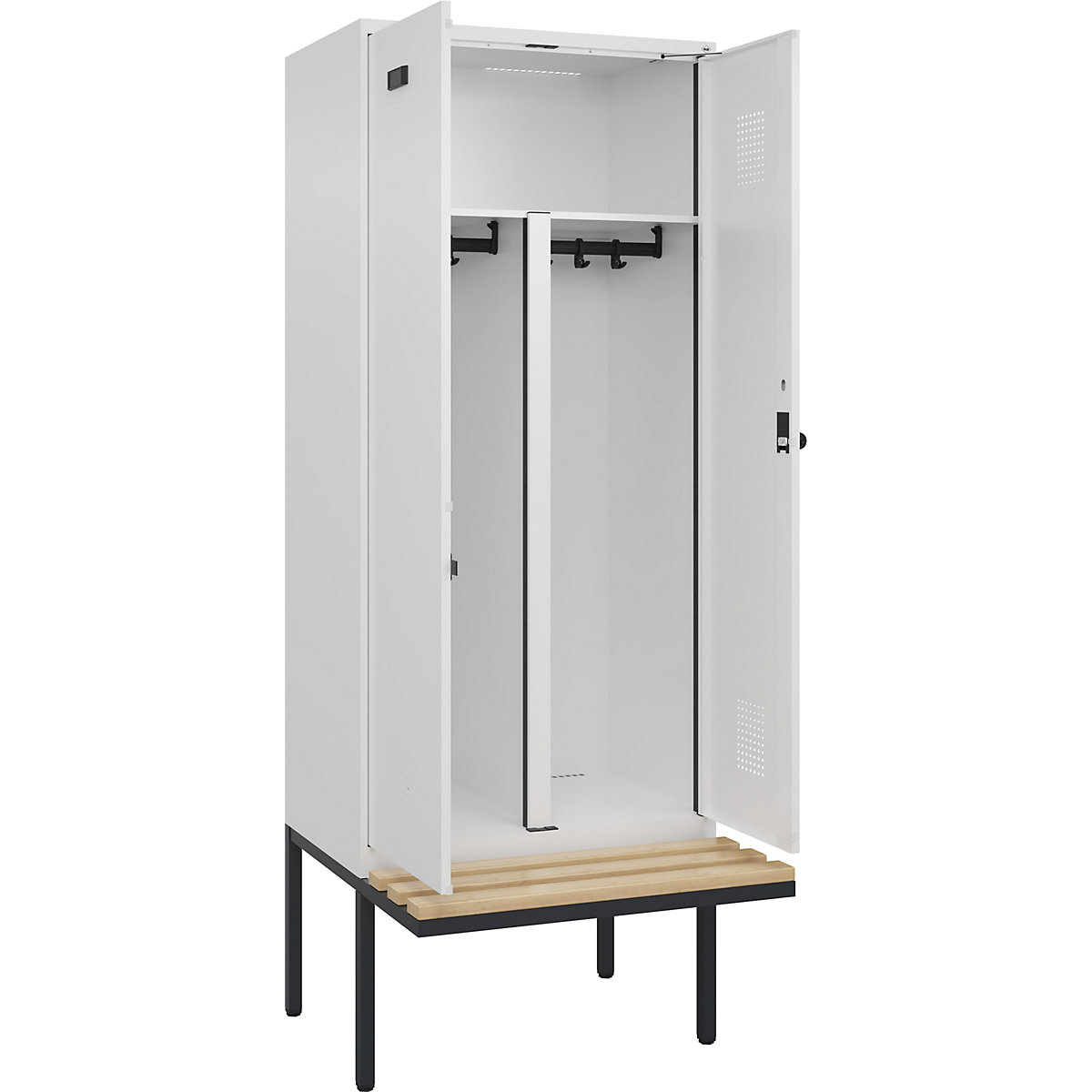 Armadietto sporco/pulito con panca Evolo PLUS, 2 scomparti, tramezza ridotta, bianco, largh. 800 mm, serratura girevole di sicurezza, con panca sporgente, faggio-0