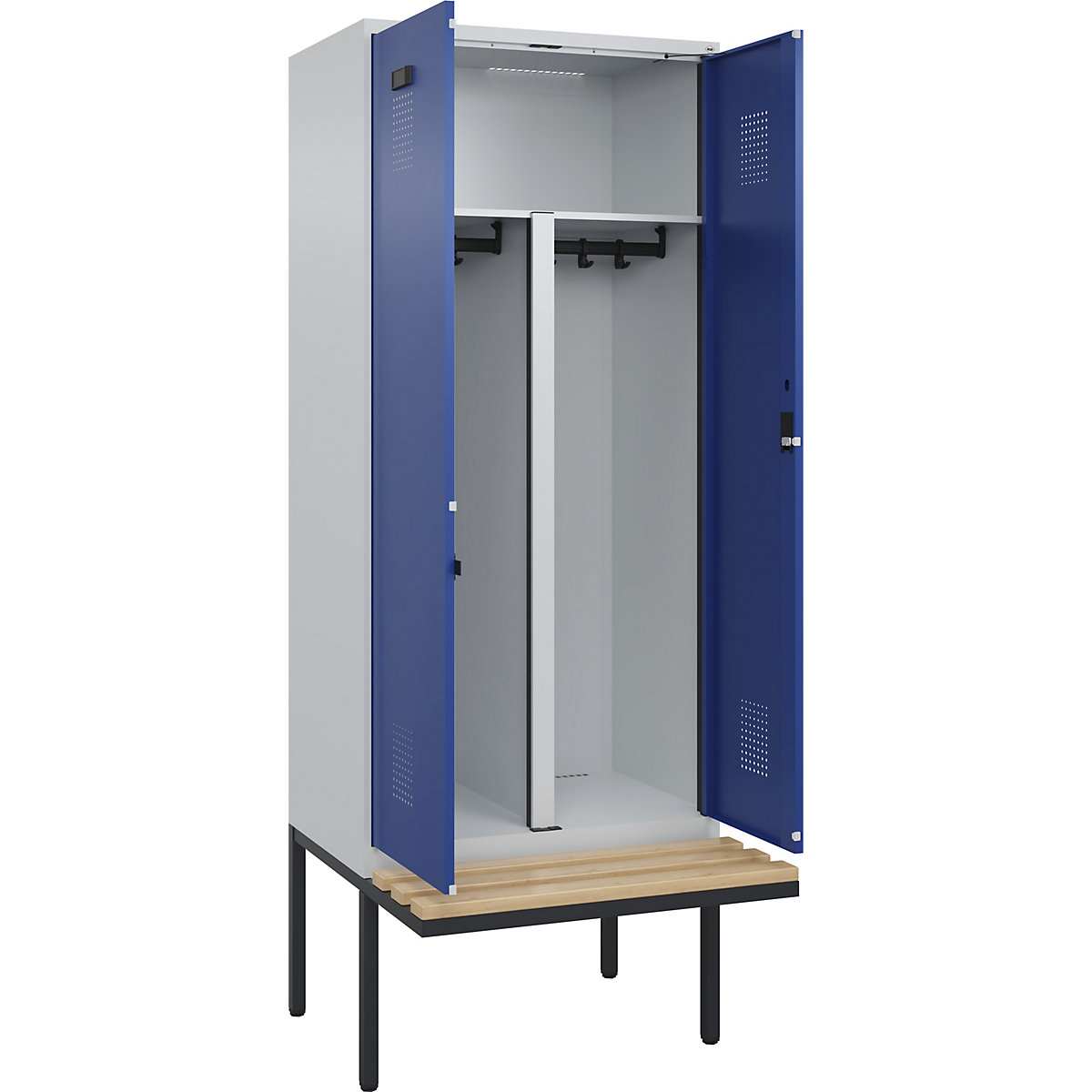 Armadietto sporco/pulito con panca Evolo PLUS, 2 scomparti, tramezza ridotta, grigio chiaro / blu genziana, largh. 800 mm, serratura a cilindro, con panca sporgente, faggio-0