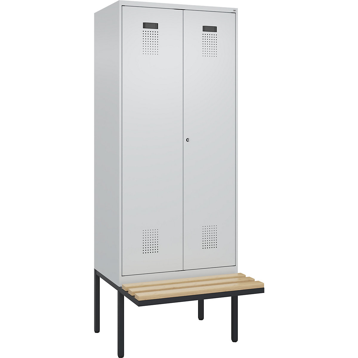 Armadietto sporco/pulito con panca Evolo PLUS, 2 scomparti, tramezza ridotta, grigio chiaro / grigio chiaro, largh. 800 mm, serratura a cilindro, con panca sporgente, faggio-0