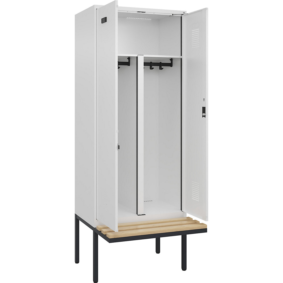 Armadietto sporco/pulito con panca Evolo PLUS, 2 scomparti, tramezza ridotta, bianco, largh. 800 mm, serratura a cilindro, con panca sporgente, faggio-0