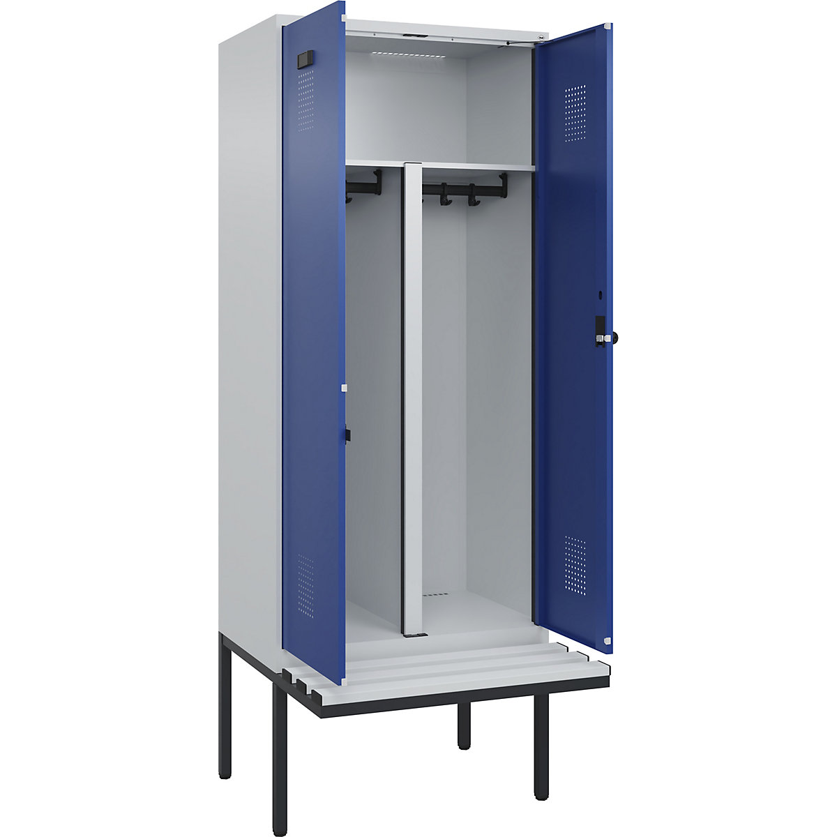 Armadietto sporco/pulito con panca Evolo PLUS, 2 scomparti, tramezza ridotta, grigio chiaro / blu genziana, largh. 800 mm, serratura girevole di sicurezza, con panca sporgente, plastica-0
