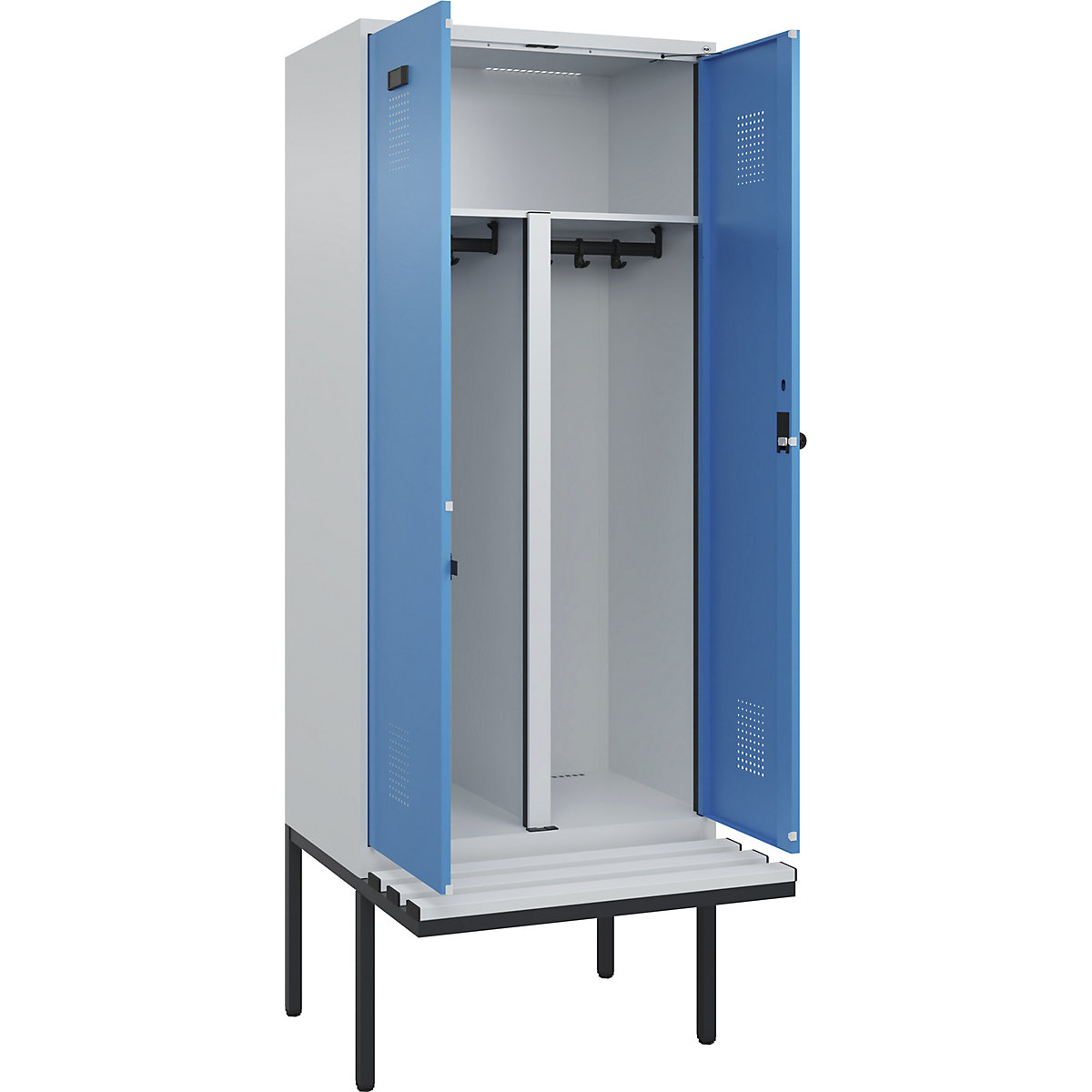 Armadietto sporco/pulito con panca Evolo PLUS, 2 scomparti, tramezza ridotta, grigio chiaro / blu chiaro, largh. 800 mm, serratura girevole di sicurezza, con panca sporgente, plastica-0