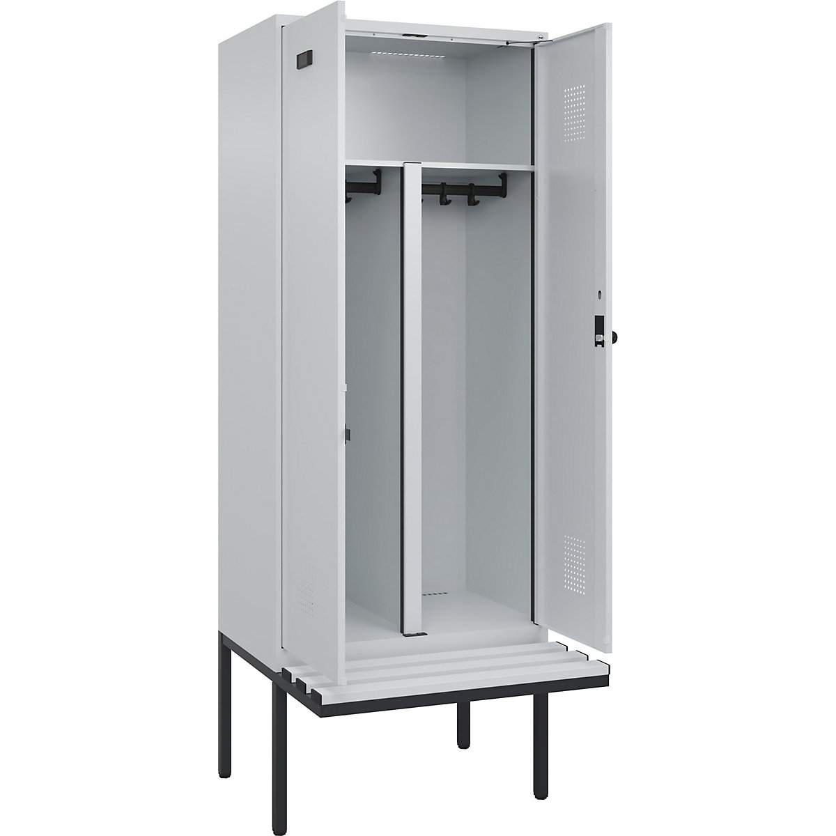 Armadietto sporco/pulito con panca Evolo PLUS, 2 scomparti, tramezza ridotta, grigio chiaro / grigio chiaro, largh. 800 mm, serratura girevole di sicurezza, con panca sporgente, plastica-0